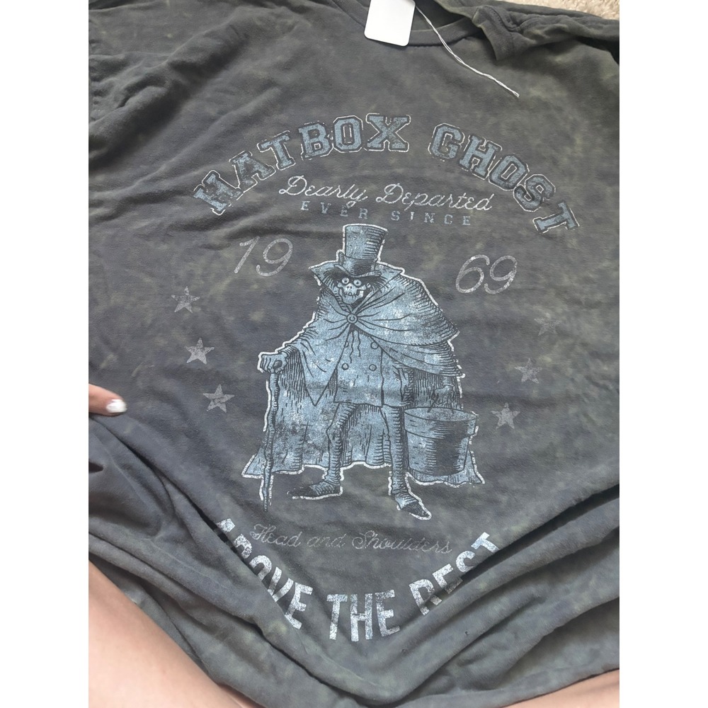 Hatbox Ghost Haunted Mansion Disney Acid Wash Distressed Graphic Tee Grey 1969